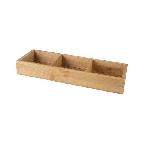 Natural bamboo elongated tray with three equal compartments, white background — 3 Sections variant of the Bamboo Grid Serving & Organiser Tray by CL House