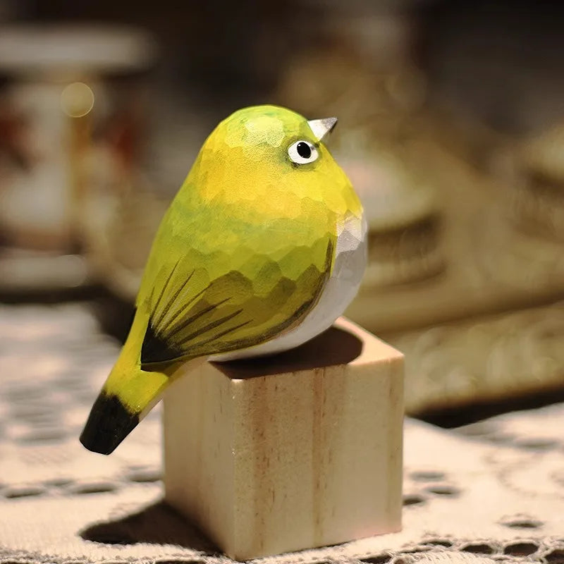 "Garden Perch" hand-carved wooden bird figurine, painted Japanese white-eye, CL House