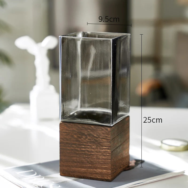 "Timber & Glass" Square Stem Vase — Wide 9.5 × 25cm — clear glass body with dark wood base, Japandi minimalist decor