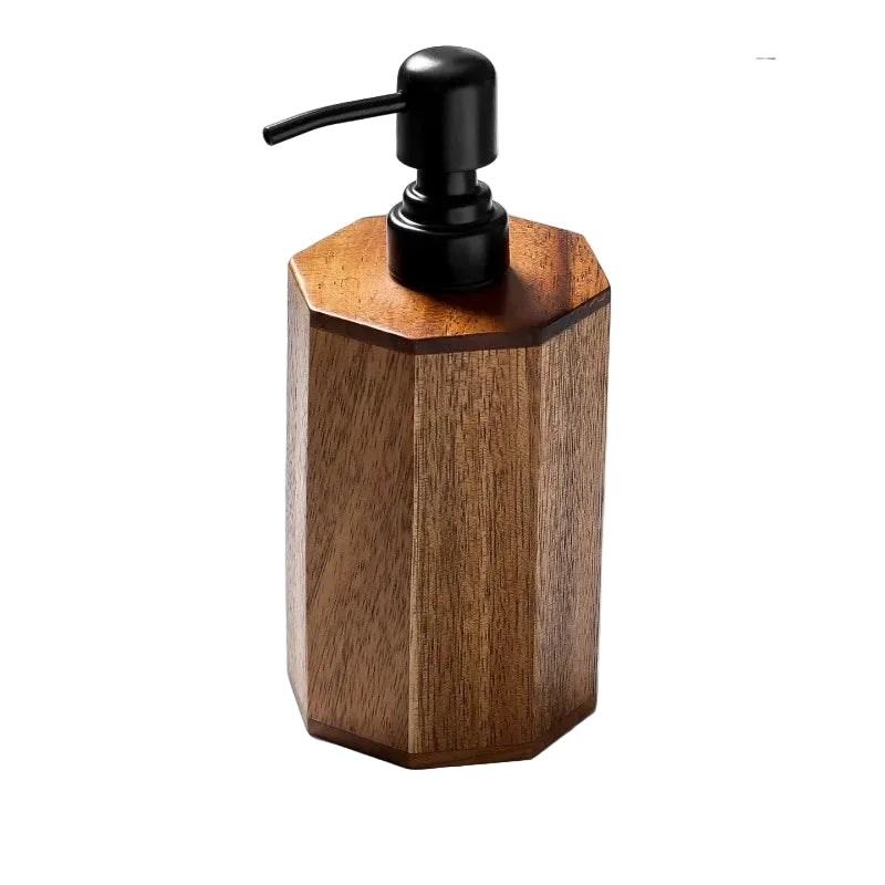  Large octagonal acacia wood soap dispenser with matte black pump, warm walnut finish, white background