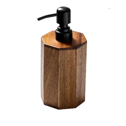  Large octagonal acacia wood soap dispenser with matte black pump, warm walnut finish, white background