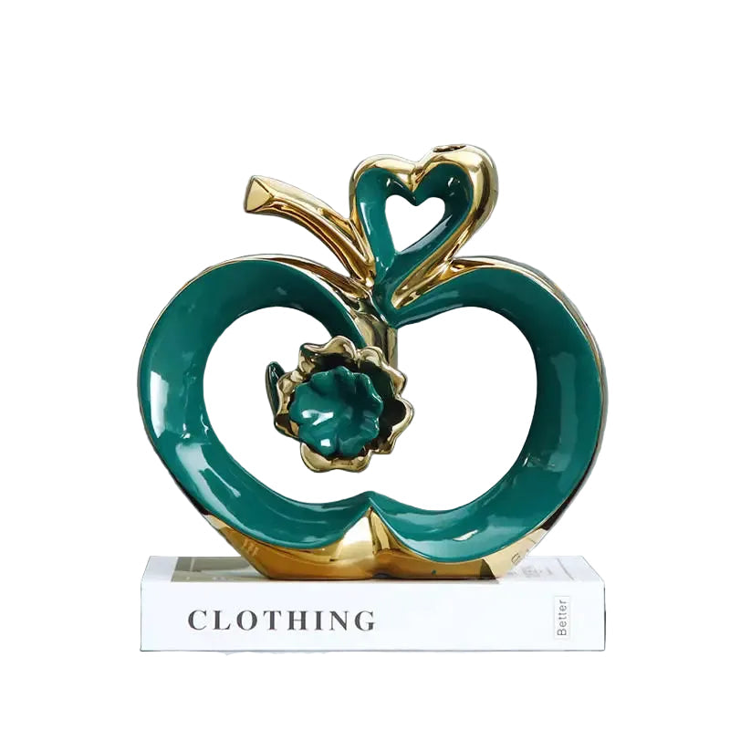"Golden Heart" sculpted ceramic apple, green, metallic home décor ornament, CL House