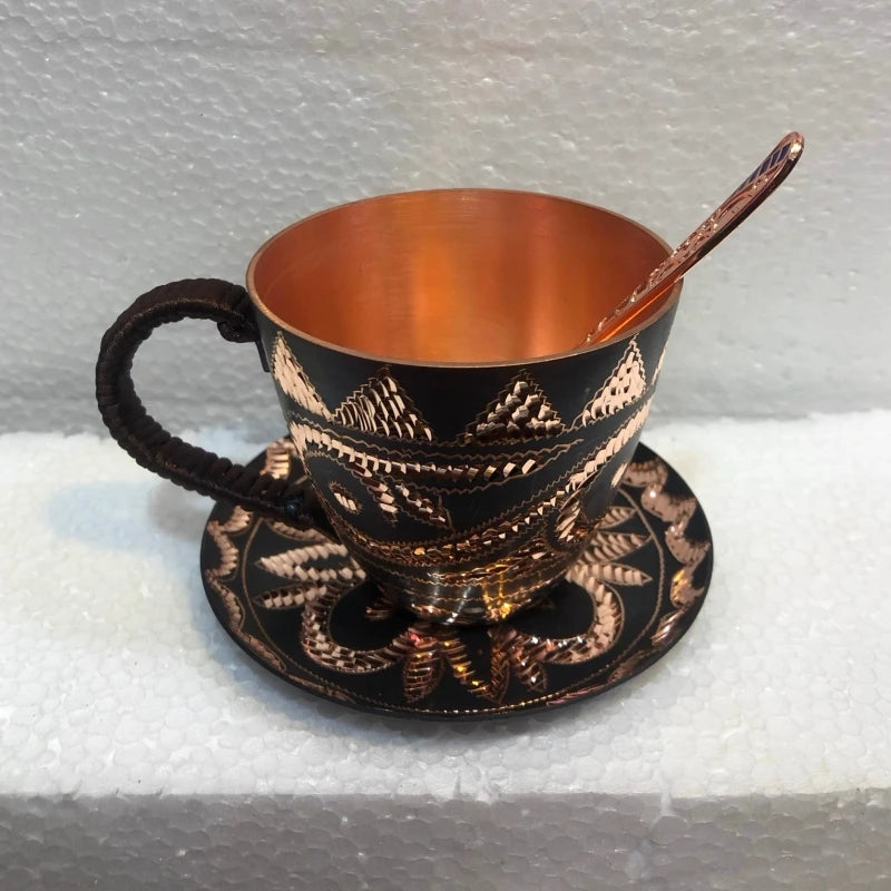 "Bloom & Brew" copper tea mug top view with saucer — hand-carved black and copper finish — CL House