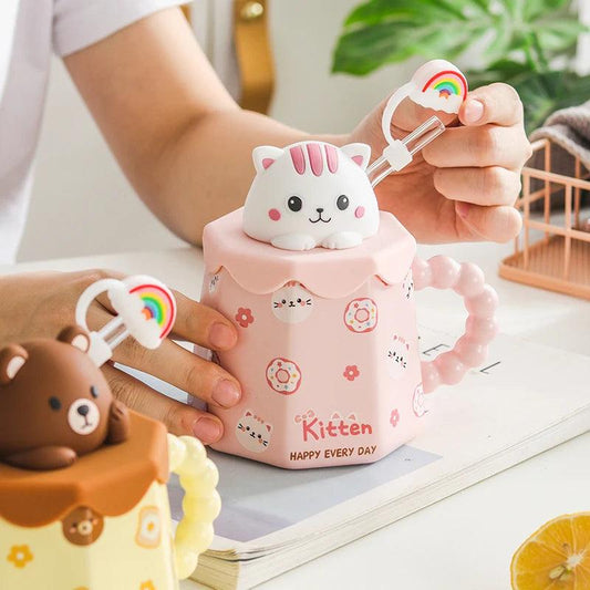 Cartoon Ceramic Mug Lid And Spoon Novelty Mug Kids Mug Cute Coffee Mug Gift Anime Kawaii