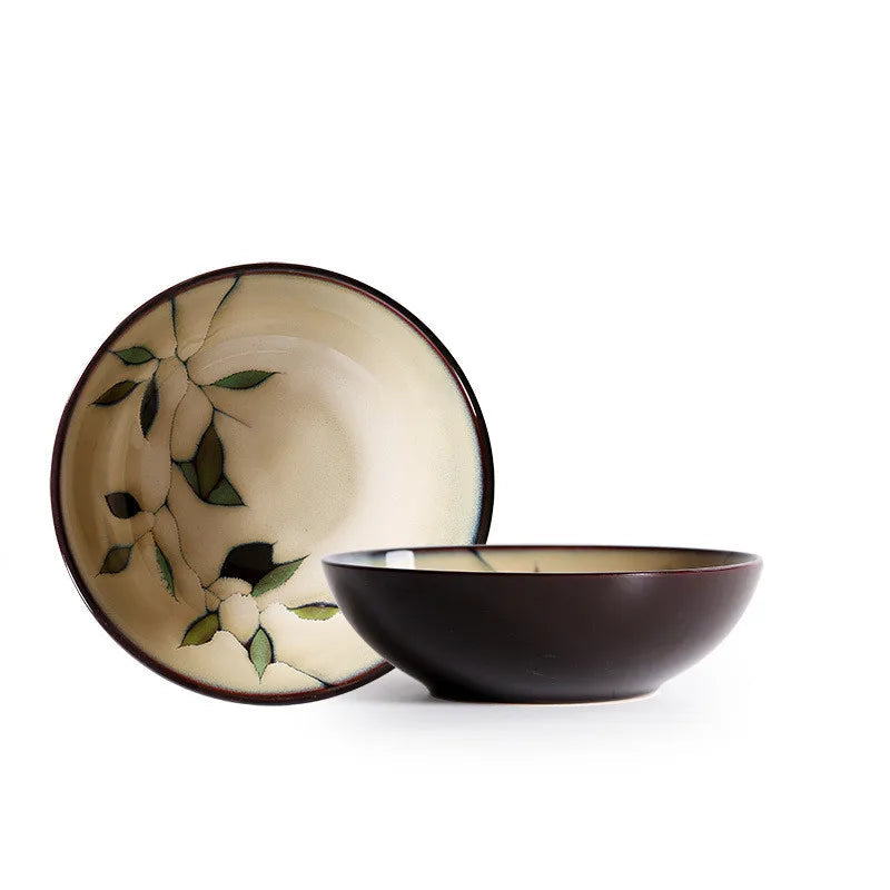 "Painted Leaf" ceramic soup bowl and plate viewed from above and side, hand-painted leaf motif in ivory and espresso glaze, 20cm, white background