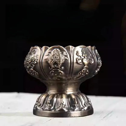 Eternal Glow Eight Auspicious Lotus Lamp – front view, dark copper lotus offering bowl with eight auspicious Buddhist symbols and dharma wheel engraving | CL House