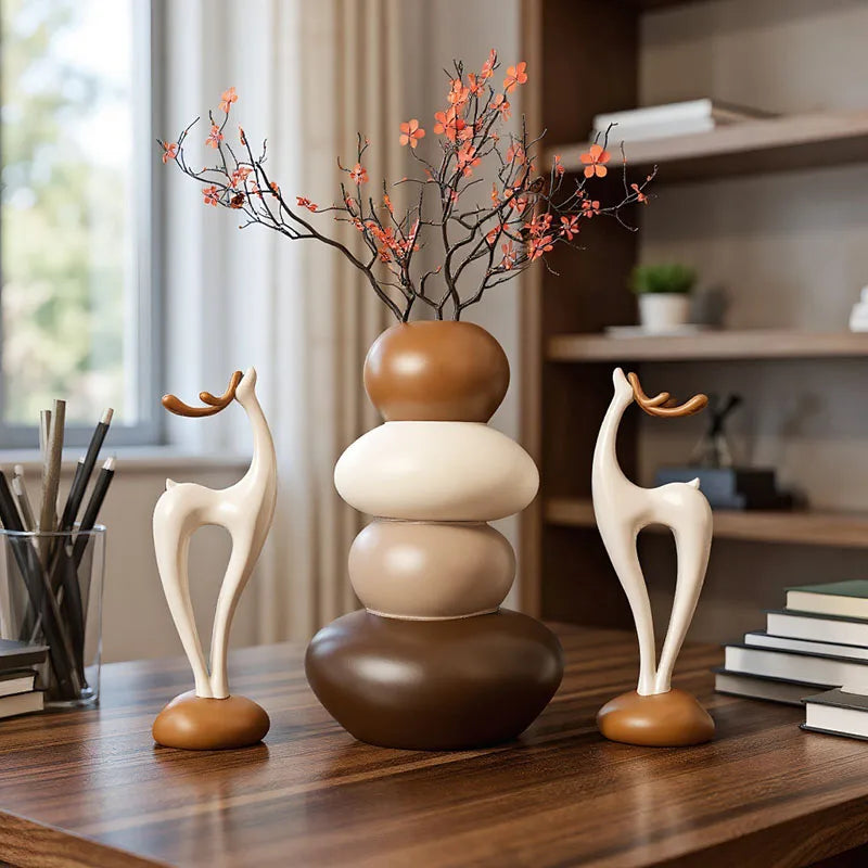 "Stone Stack" Vase & Deer Sculpture Set — complete set styled on sideboard with branches