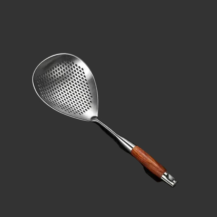 
Stainless steel wok skimmer with rosewood handle, perforated bowl for straining pasta and dumplings