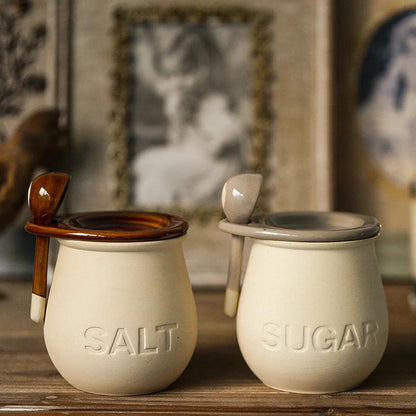 vintage charm

ceramic spice jar

spice container

sugar jar

salt shaker

vintage jar

sealed jar

moisture-proof jar

food storage

spoon set