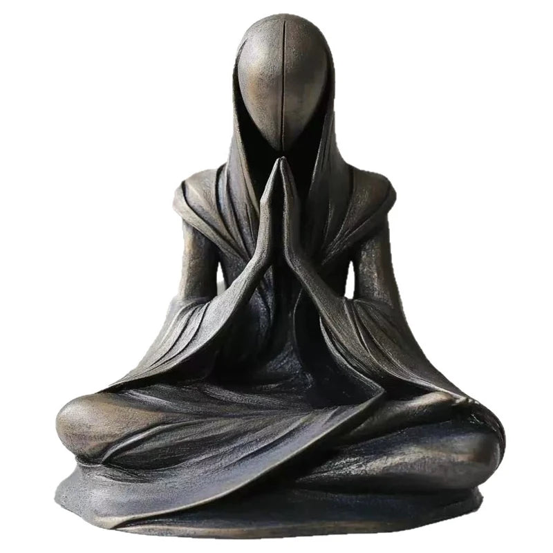 "Inner Veil" Meditation Figure Sculpture — front view, dark bronze resin, hands in prayer