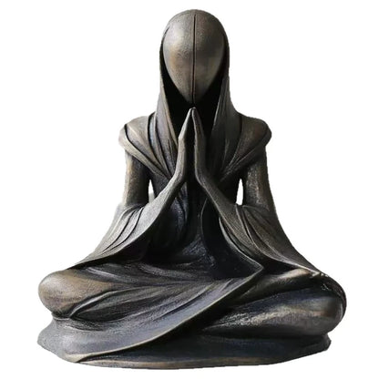 "Inner Veil" Meditation Figure Sculpture — front view, dark bronze resin, hands in prayer