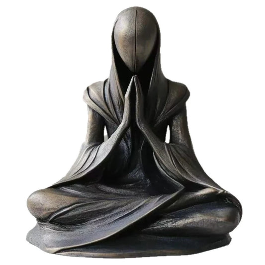"Inner Veil" Meditation Figure Sculpture — front view, dark bronze resin, hands in prayer