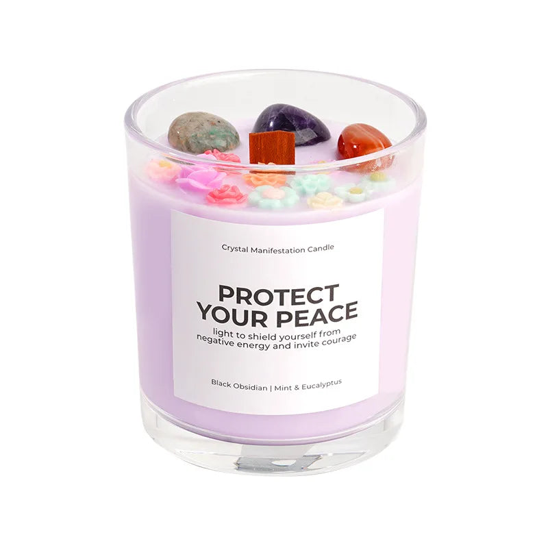 (Lavender): "Protect Your Peace" crystal manifestation candle — Lavender — soft mauve soy wax in glass jar with healing crystal — CL House