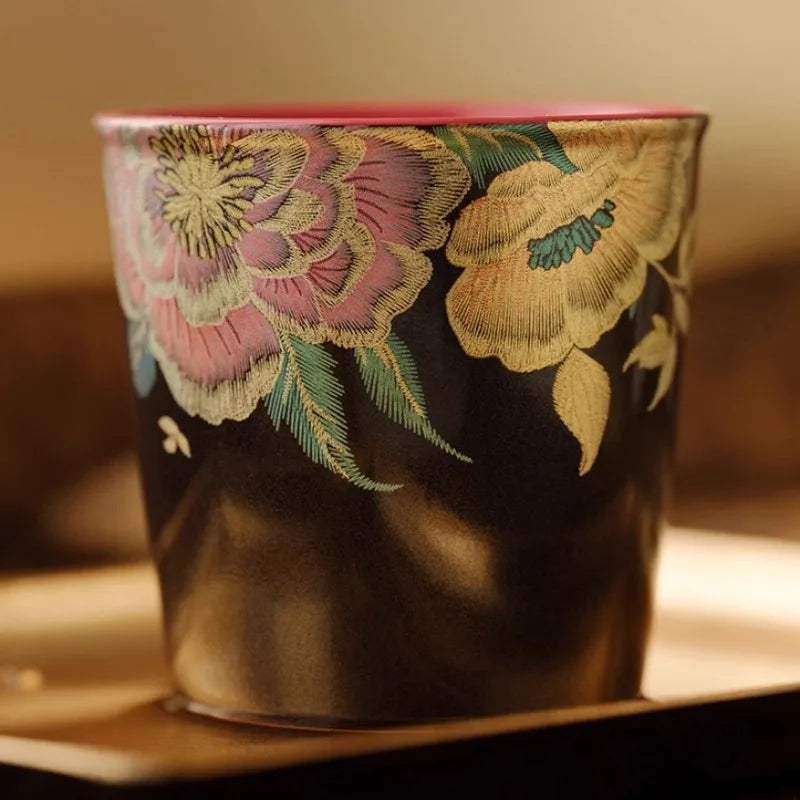"Kesi Artisan" handmade ceramic straight cup with black floral textured glaze — CL House Tea Time