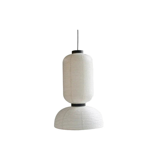  Rice & Ripple paper pendant light with ribbed white rice paper cylinder shade and matte black metal ring, small size, white background