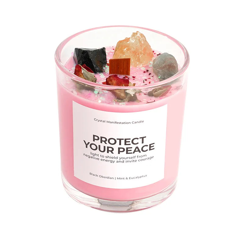  (Rose Oud): "Protect Your Peace" crystal manifestation candle — Rose Oud — deep rose soy wax in glass jar with healing crystal — CL House