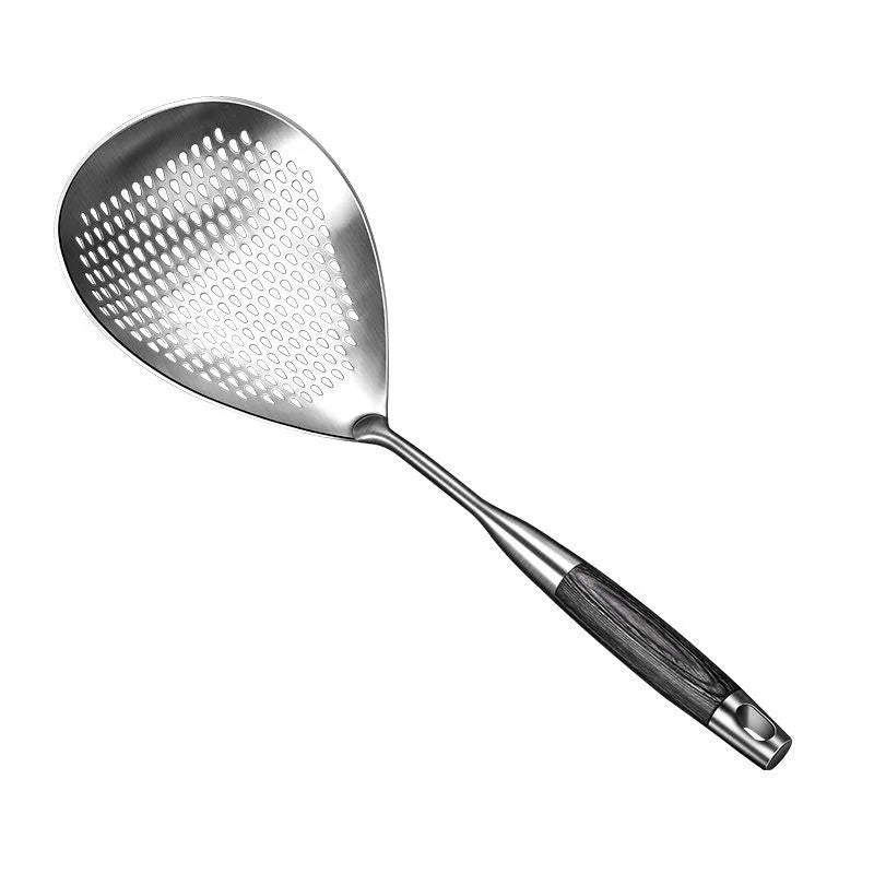  Stainless steel wok skimmer with dark wood handle, wide perforated bowl for straining pasta, dumplings and fried foods