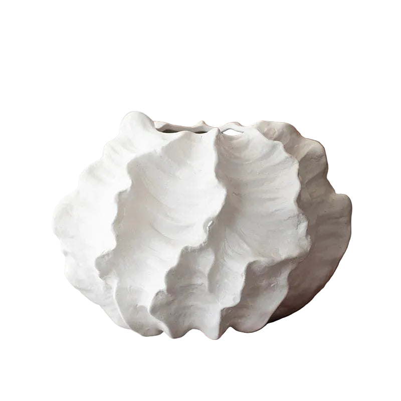  Crinkle Cloud white ceramic sculptural vase with irregular wrinkled texture, white background, front view