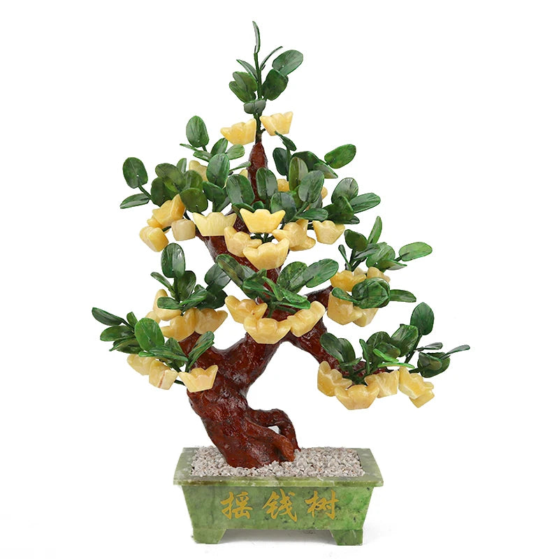 Jade money tree Feng Shui home decor Wealth attraction ornament Housewarming gift ideas Jade stone tree Prosperity decoration Oriental living room decor Crystal bonsai tree Auspicious home gifts