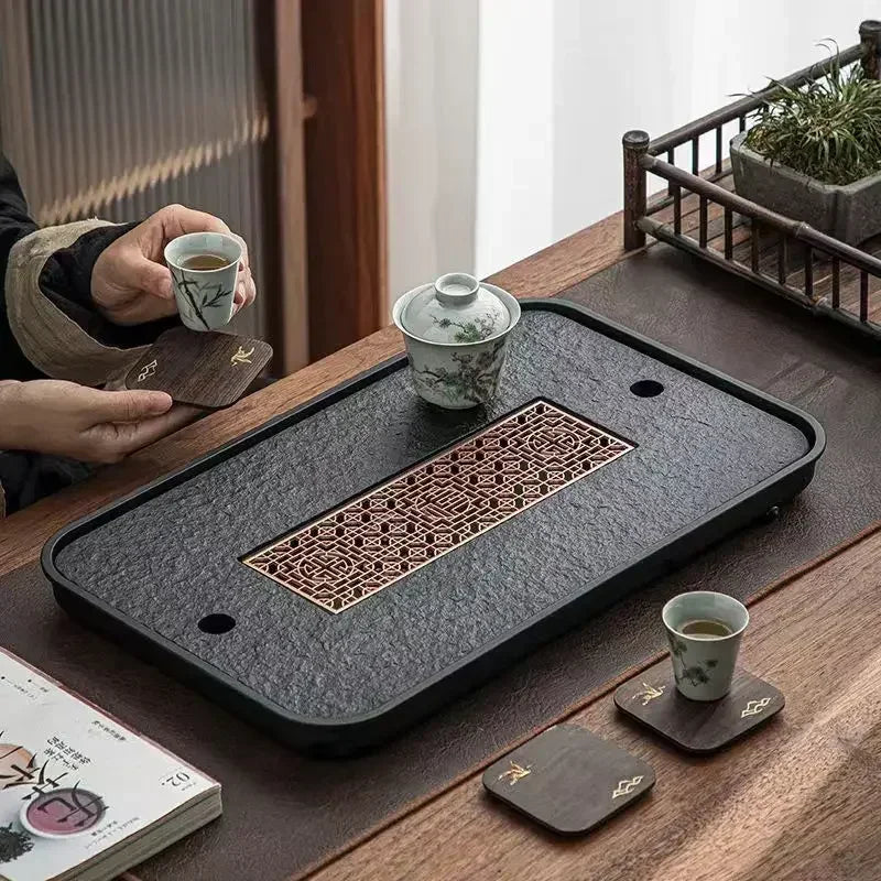 Gongfu Cha Pan Stone & Wood Drainage Tea Tray – lifestyle shot with ceramic teacup and gaiwan during Chinese tea ceremony | CL House