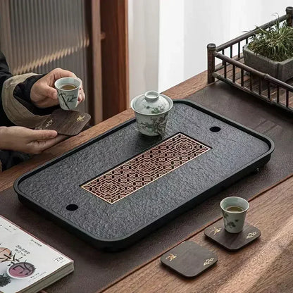 Gongfu Cha Pan Stone & Wood Drainage Tea Tray – lifestyle shot with ceramic teacup and gaiwan during Chinese tea ceremony | CL House