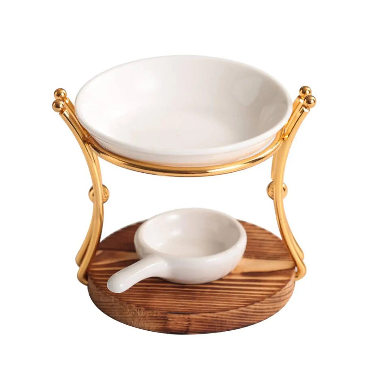 "Golden Arch" Ceramic Oil Burner – gold arch frame, white ceramic dish and wood base | CL House