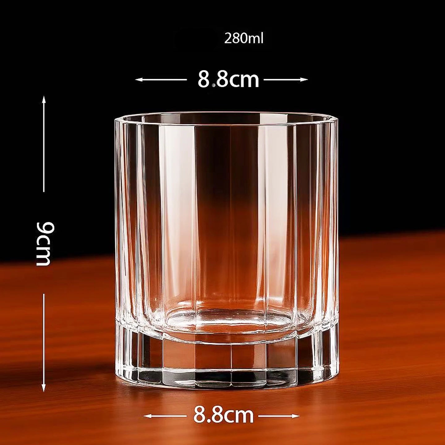  "Fluted Column" crystal rocks glass on white background showing dimensions 8.8 × 9cm, 8.8cm diameter — CL House Drinkware collection