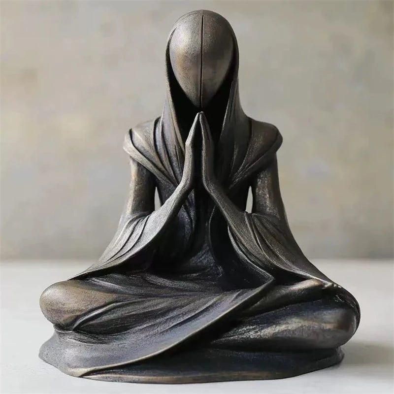 "Inner Veil" Meditation Figure Sculpture — front view, dark bronze resin, hands in prayer