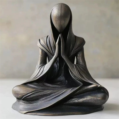 "Inner Veil" Meditation Figure Sculpture — front view, dark bronze resin, hands in prayer