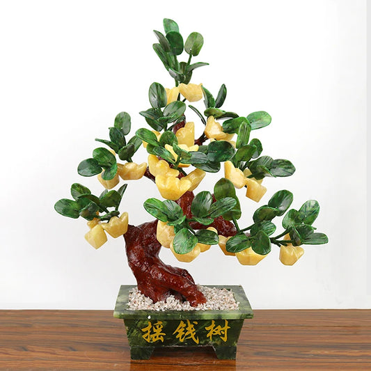 Jade money tree Feng Shui home decor Wealth attraction ornament Housewarming gift ideas Jade stone tree Prosperity decoration Oriental living room decor Crystal bonsai tree Auspicious home gifts