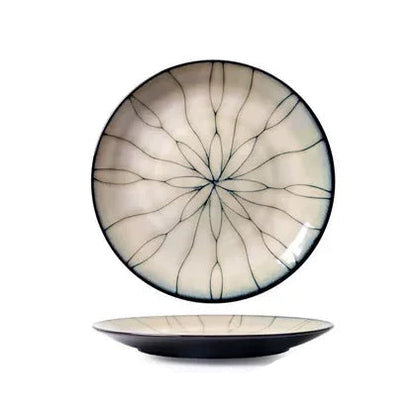  "Lotus Web" ceramic dinner plate in cream with elongated petal kiln-change glaze pattern — top view and side profile on white background