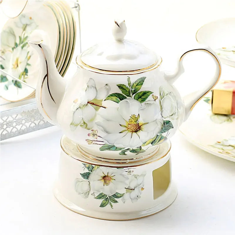"White magnolia bone china teapot with gold trim on ceramic warmer stand, 900ml — CL House Tea Time collection"