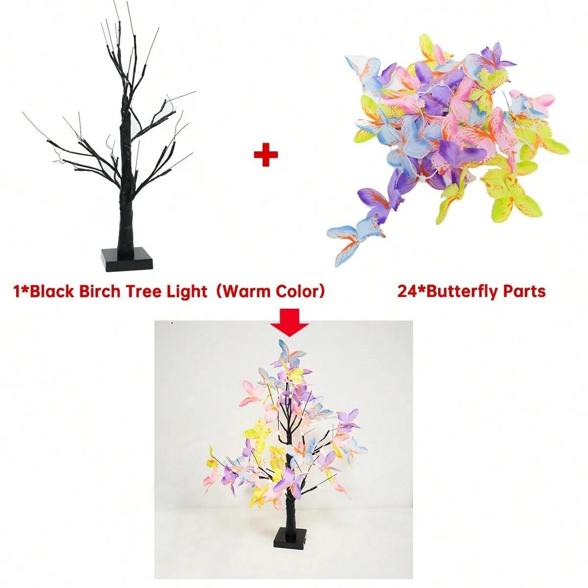 Bouleau enchanté : Arbre lumineux scintillant avec papillons