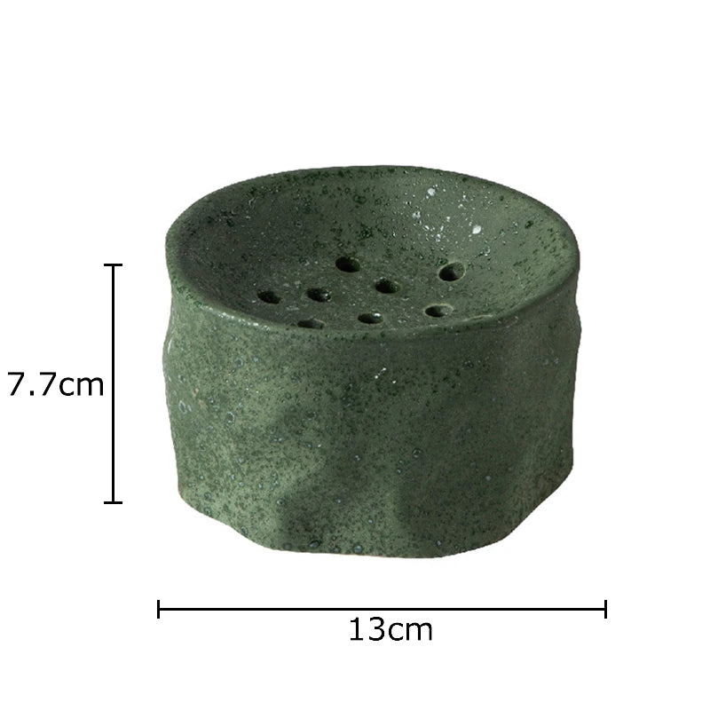 "Moss kenzan ceramic bowl with built-in flower frog, 13×7.7cm, deep green glaze"