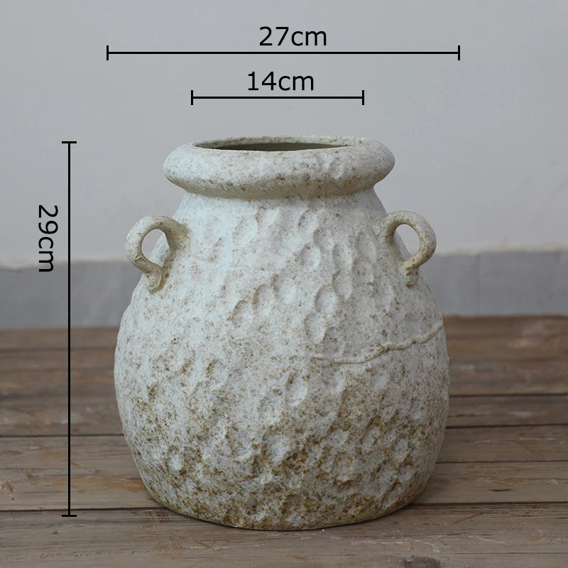 "Chalk Small wabi-sabi ceramic jar with hammered texture and loop handles, 27×29cm"