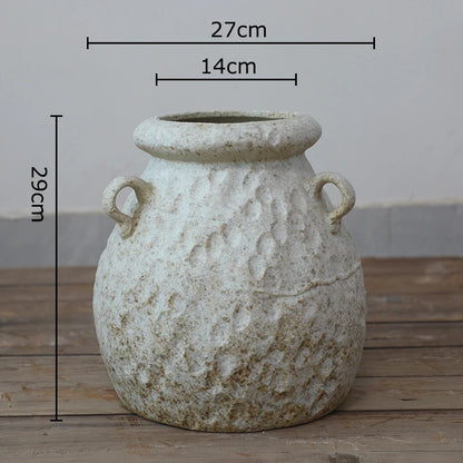 "Chalk Small wabi-sabi ceramic jar with hammered texture and loop handles, 27×29cm"