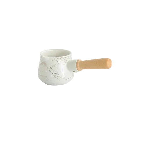  White marble ceramic milk jug without lid, wooden handle, open top view on white background — Small variant of the Marble Pour Ceramic Milk Jug by CL House