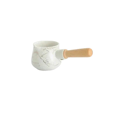  White marble ceramic milk jug without lid, wooden handle, open top view on white background — Small variant of the Marble Pour Ceramic Milk Jug by CL House
