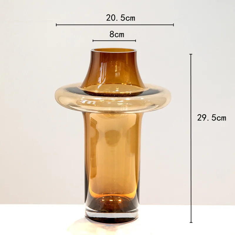 "Amber Disc" Sculptural Glass Vase — Large, amber smoke glass with wide disc rim, sculptural zen vase for stems or dried flowers