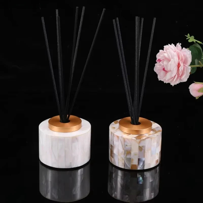 Amber Shell and Pearl White mosaic diffuser bottles — fireless home fragrance — CL House