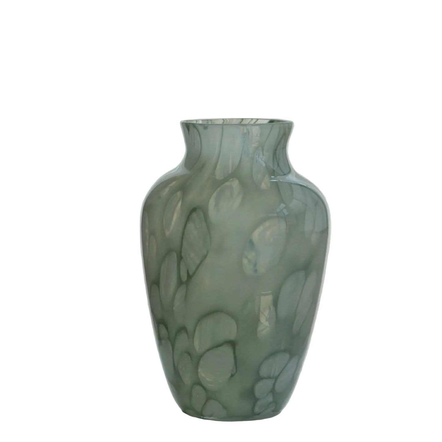 "Petal Wave" handblown glass vase in Sage Stone — sage green with organic pebble-pattern texture, classic amphora silhouette, white background