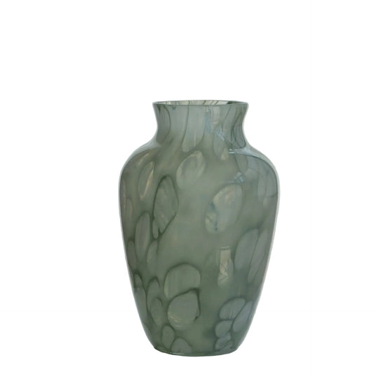 "Petal Wave" handblown glass vase in Sage Stone — sage green with organic pebble-pattern texture, classic amphora silhouette, white background