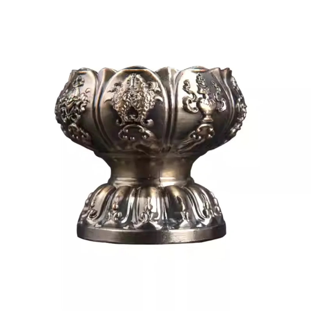 Eternal Glow Eight Auspicious Lotus Lamp – front view, dark copper lotus offering bowl with eight auspicious Buddhist symbols and dharma wheel engraving | CL House