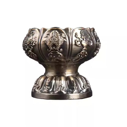 Eternal Glow Eight Auspicious Lotus Lamp – front view, dark copper lotus offering bowl with eight auspicious Buddhist symbols and dharma wheel engraving | CL House