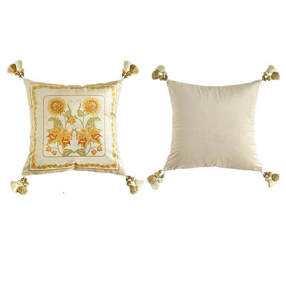 "Golden Frame" square cushion cover front and back view, ivory velvet with structured medallion floral border in amber and gold, corner tassels — CL House Cushions collection