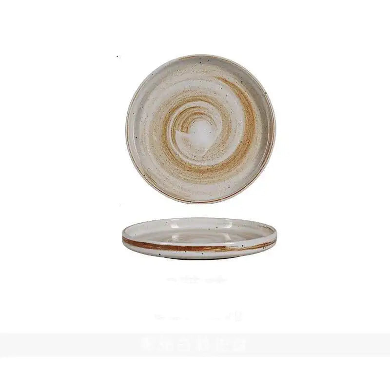 "Spiral Sand" ceramic dinner plate 9" in warm cream with golden reactive spiral glaze and natural speckled rim — top view and side profile on white background