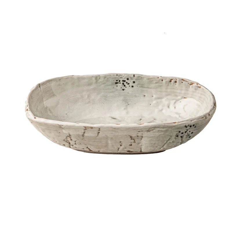  Oval Deep Bowl — 9in | 23 × 12.6cm · H 5.9cm · 700ml · 546g, wabi-sabi stoneware ceramic with celadon glaze and ink-spot markings, white background