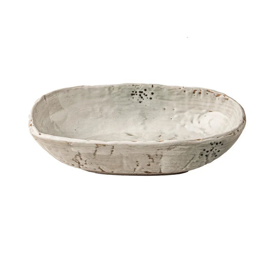  Oval Deep Bowl — 9in | 23 × 12.6cm · H 5.9cm · 700ml · 546g, wabi-sabi stoneware ceramic with celadon glaze and ink-spot markings, white background