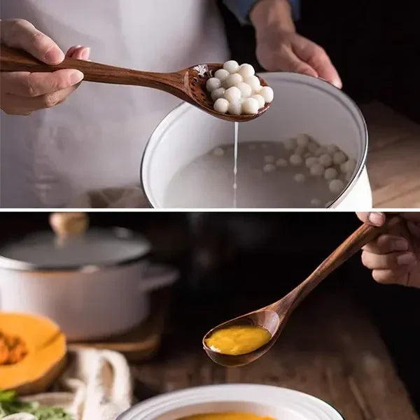 Two-panel lifestyle shot of teak wood utensils in use — top: skimmer draining white tapioca pearls from a white pot with steam rising; bottom: ladle serving golden pumpkin soup into a white bowl with pumpkin and ceramic pot in background — Teak Grove Utensil Set by CL House
