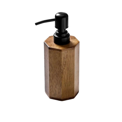 Small octagonal acacia wood soap dispenser with matte black pump, warm walnut finish, white background